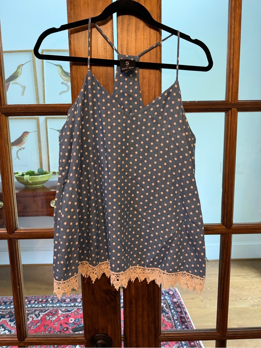 Style Rack Blue Cami with Pink Polka Dots and Pink Lace Trim